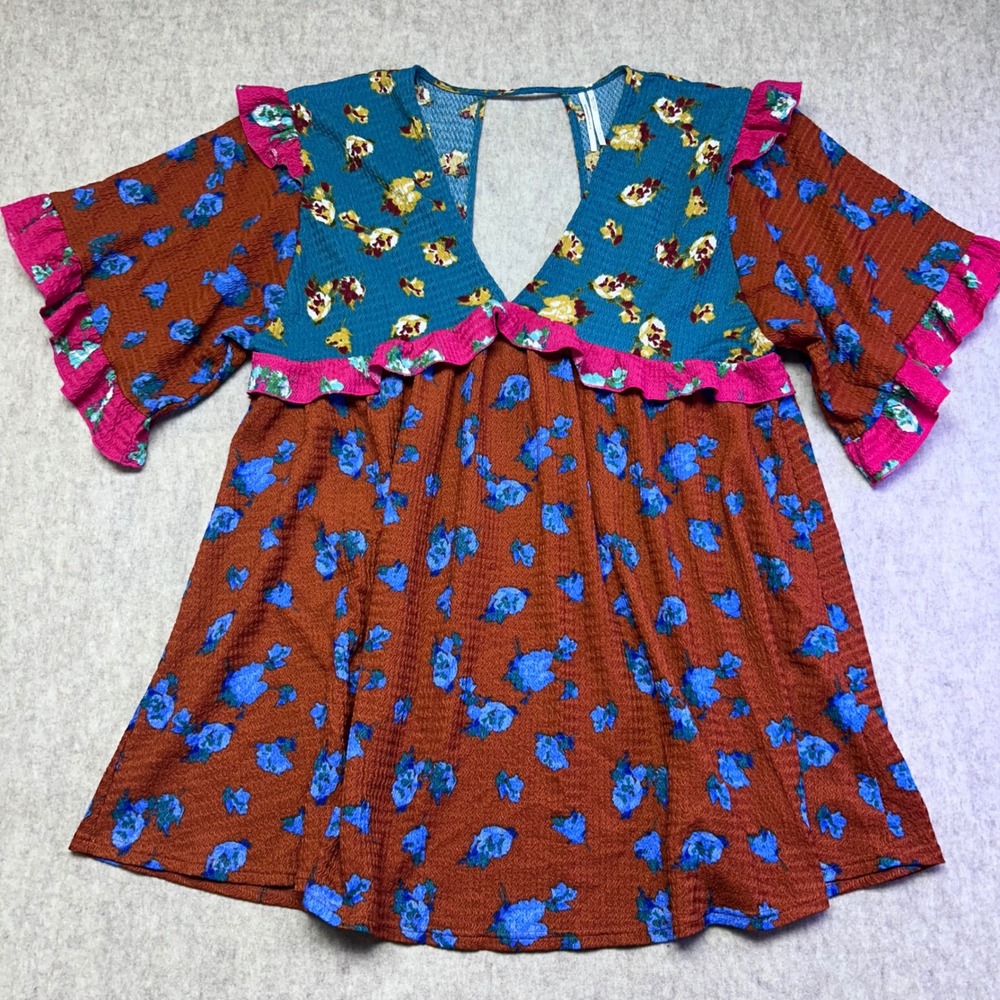 Anthropologie Floral Ruffle Sleeve V Neck Mini Sleep Babydoll Dress Size‎ L Boho